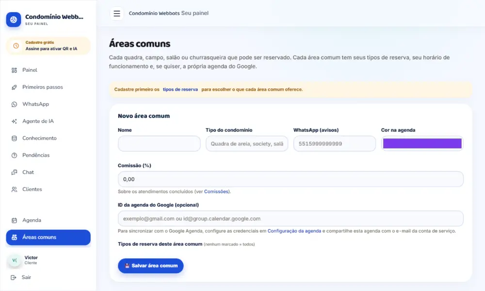 Tela do Condomínio Webbots