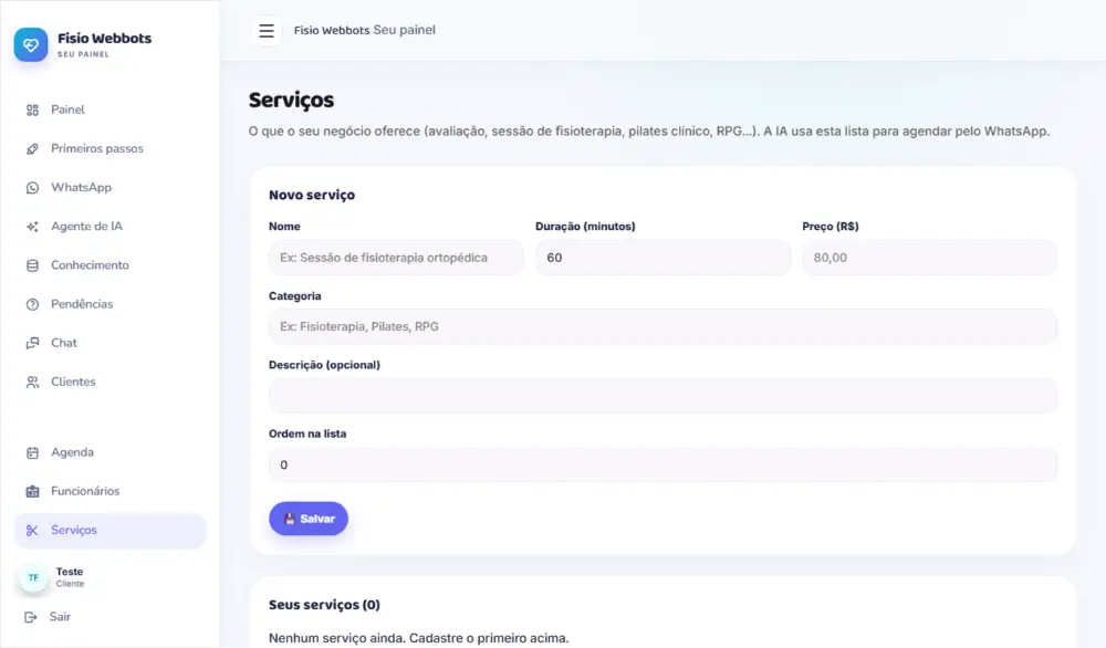 Tela do Fisio Webbots