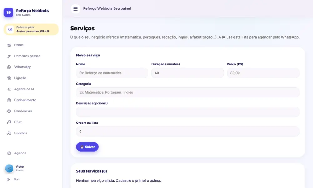Tela do Reforço Webbots